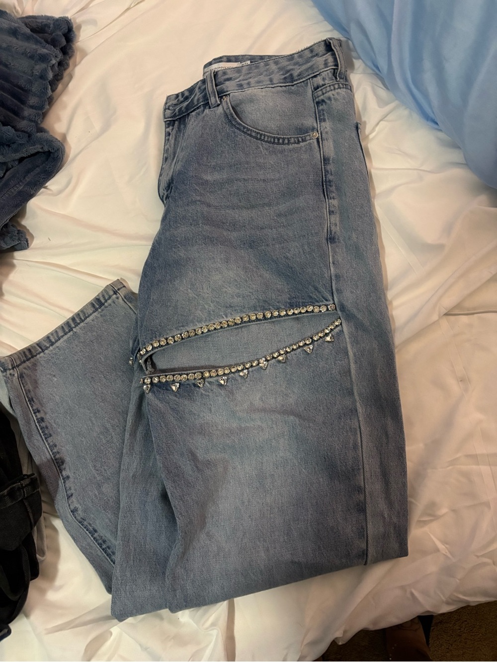 Torn by Ronny Kobo Light Blue Straight Leg Jeans with Rhinestone Trim